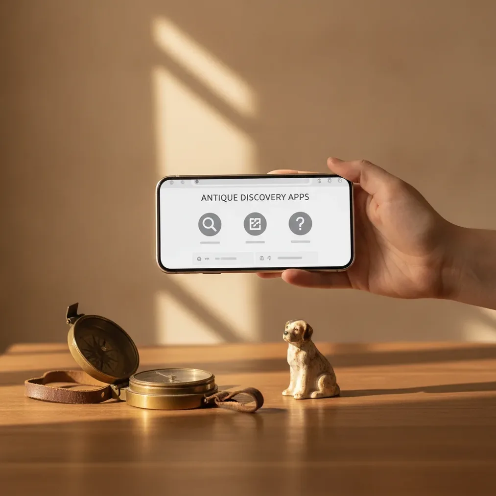 Phone comparing Curio alternatives for identifying and valuing an antique from a photo