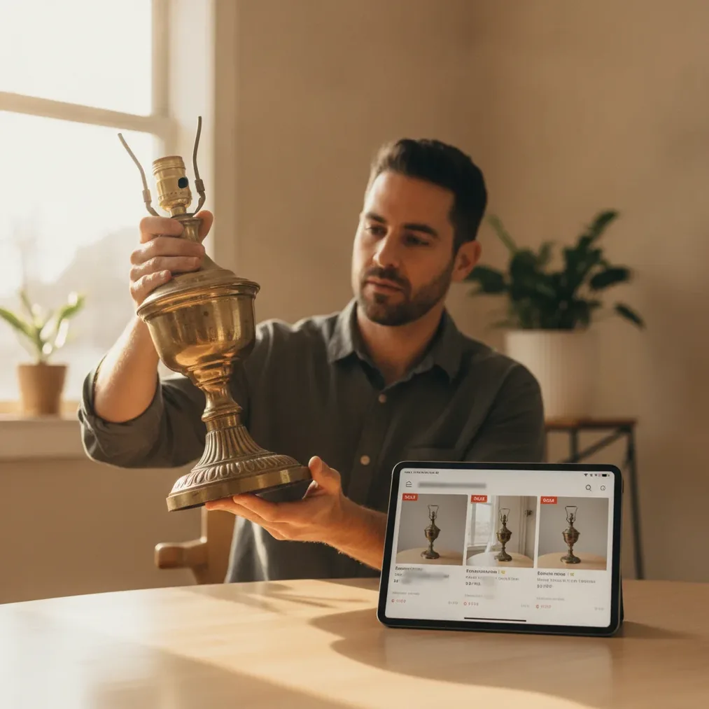 Reseller comparing a photographed thrift item with sold marketplace comps