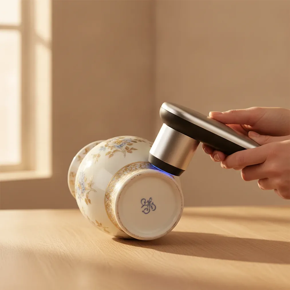Antique value checker scanning the maker mark beneath a porcelain vase