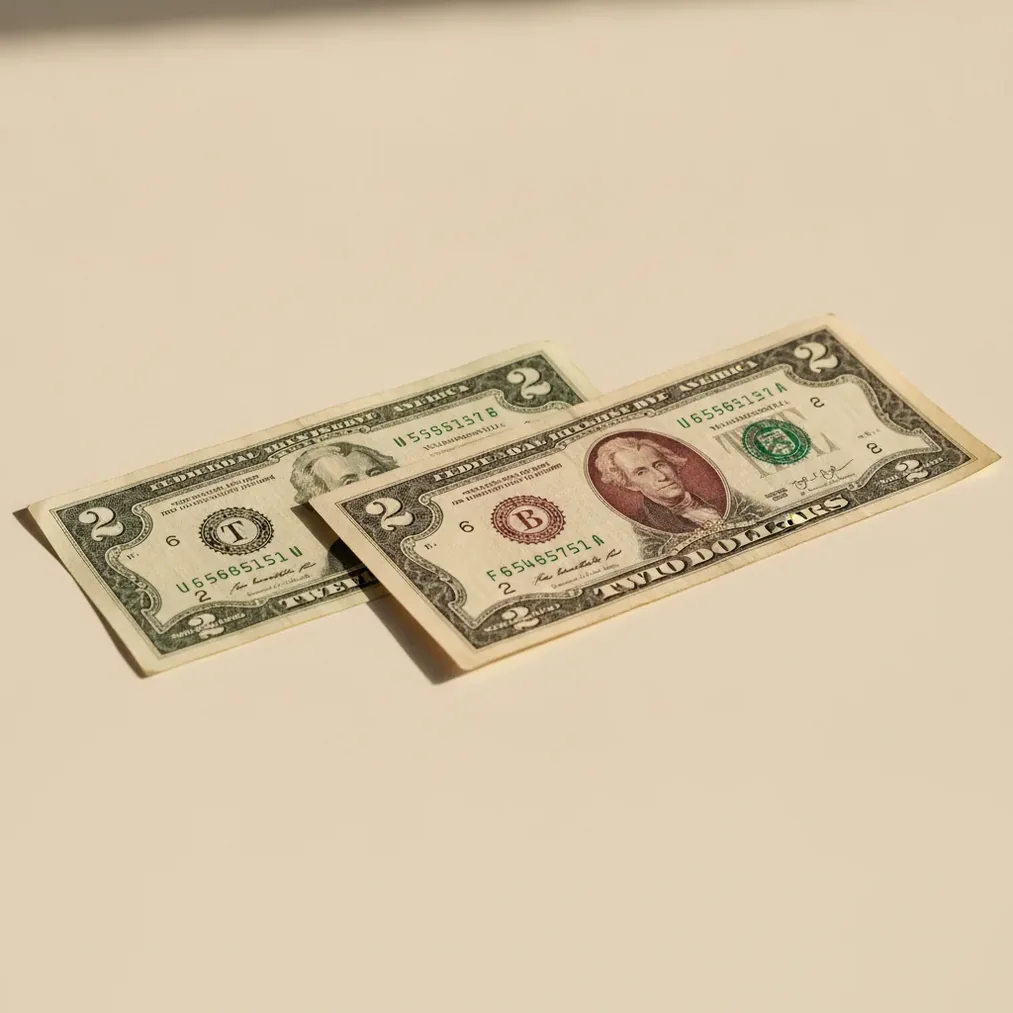 Green-seal modern two-dollar bill beside an older red-seal two-dollar United States Note