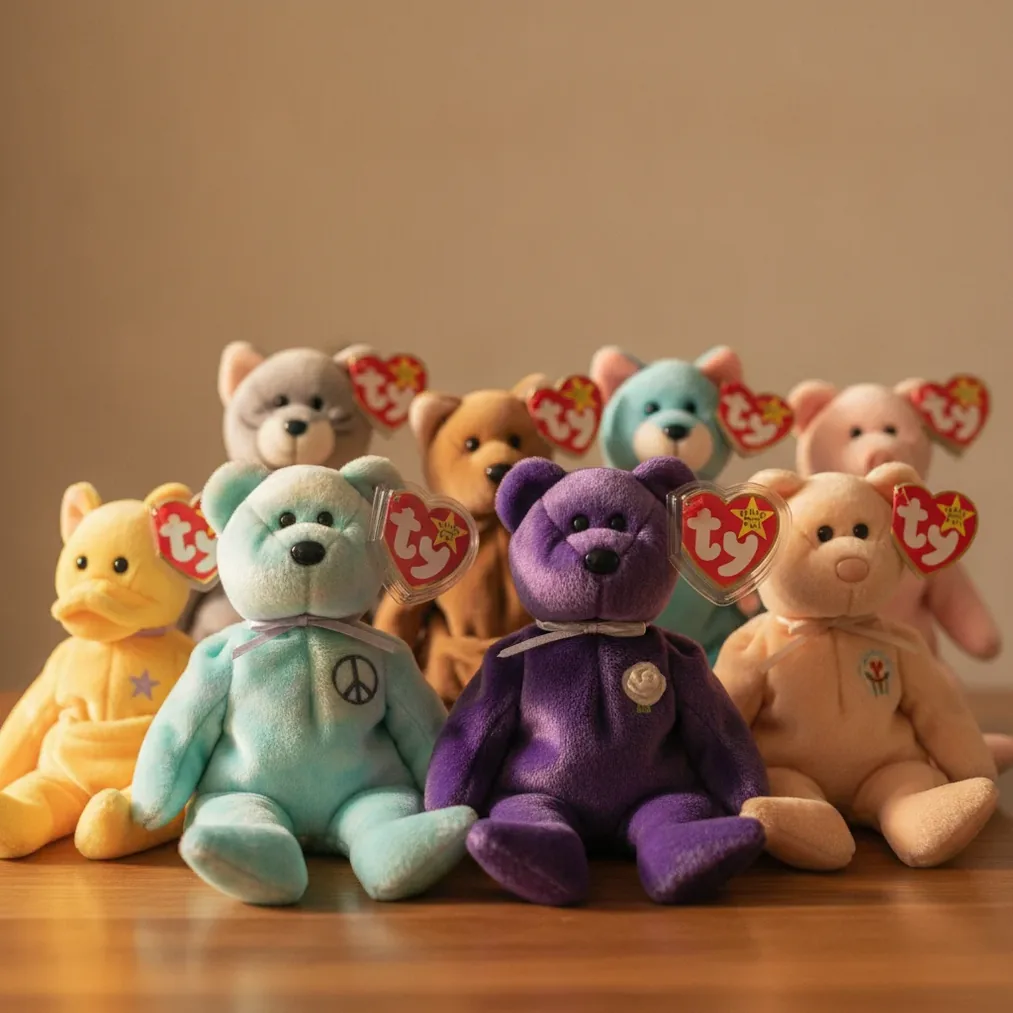 Beanie Babies with heart-shaped hang tags arranged for value identification