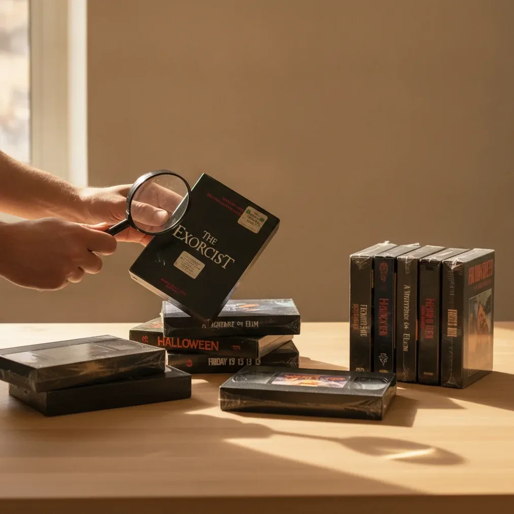 Assorted VHS tapes being checked for rare horror and sealed first-release editions