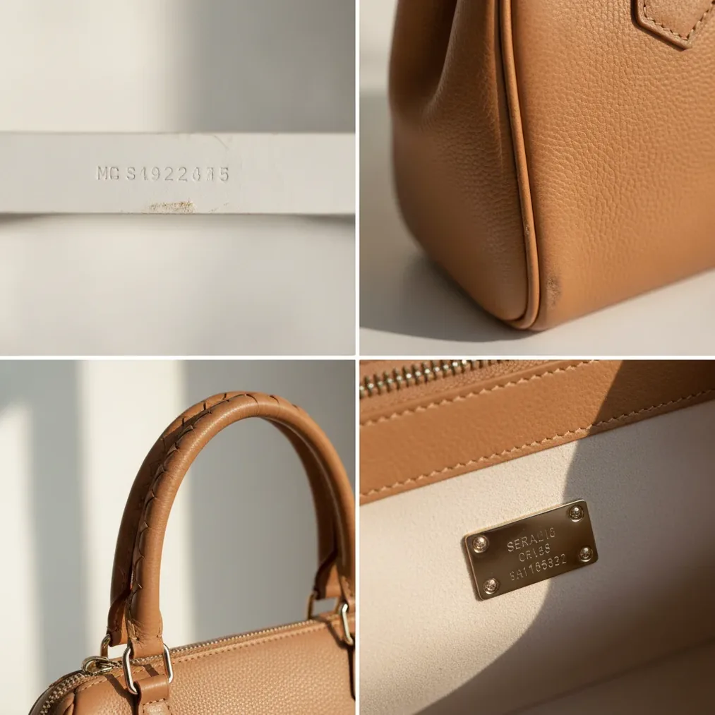 Close-up photos of a designer handbag date code, corners, handles and serial marker