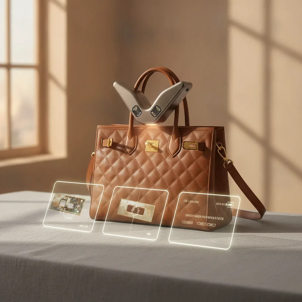 Designer bag value checker scanning a handbag, hardware and condition from photos
