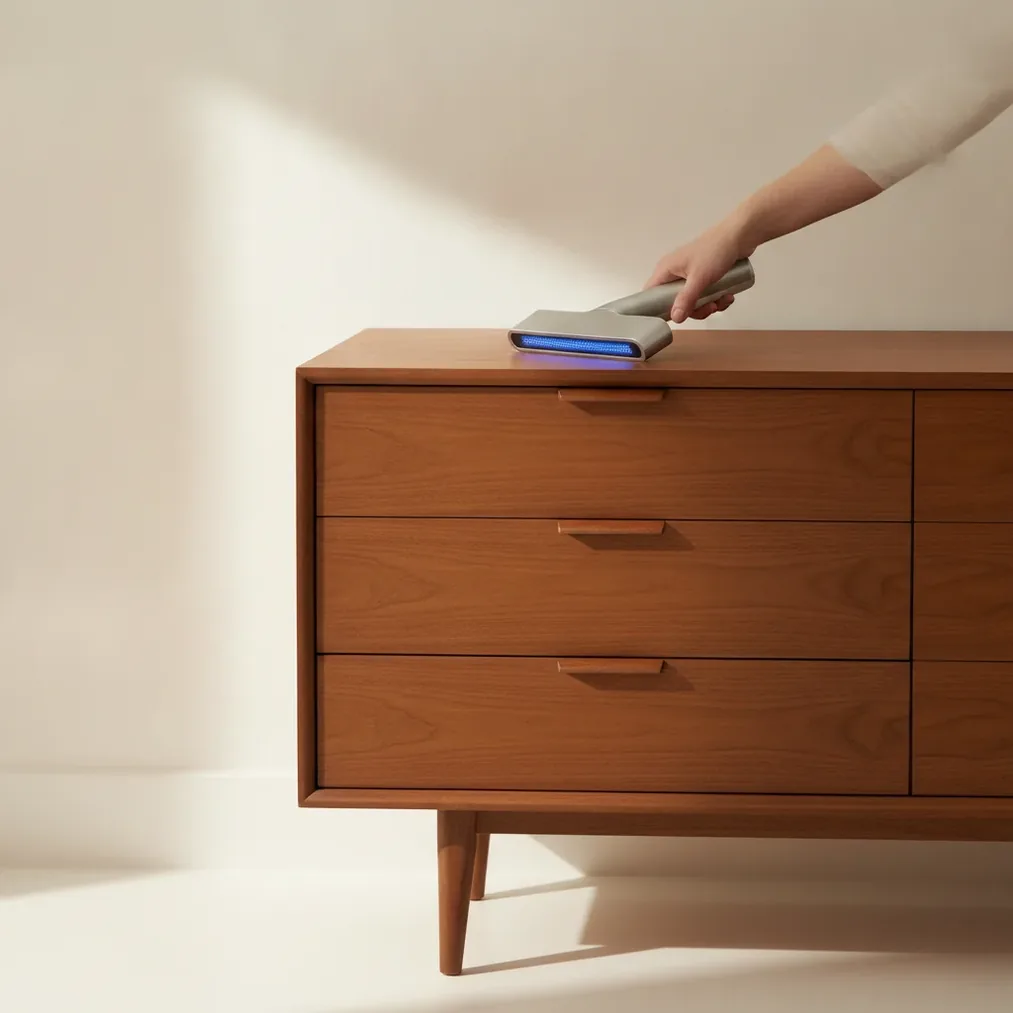 Furniture value checker scanning a walnut mid-century dresser