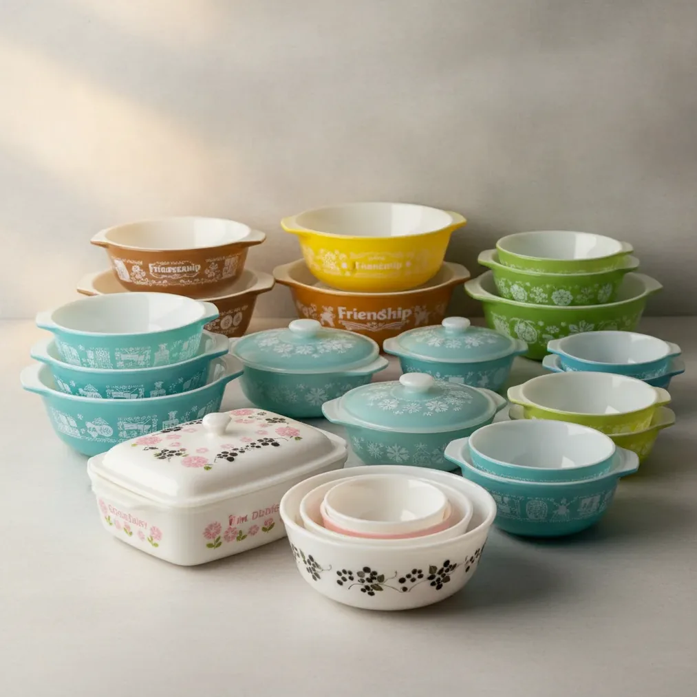 Vintage Pyrex bowls and casseroles arranged for pattern and value identification