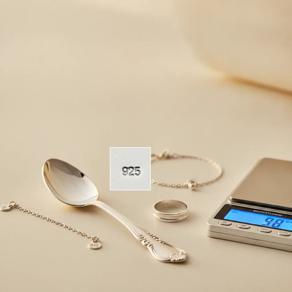 Sterling silver spoon, ring and bracelet beside a gram scale and 925 hallmark