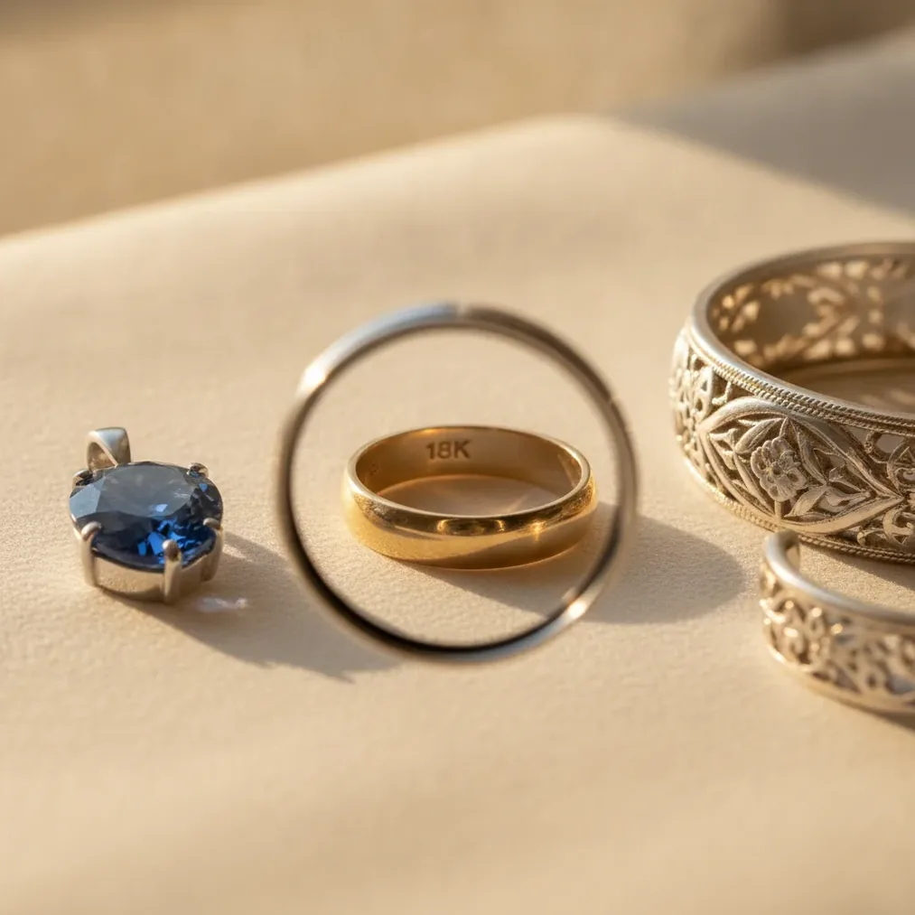 Close-up comparison of an 18k hallmark, gemstone setting, and jewelry condition