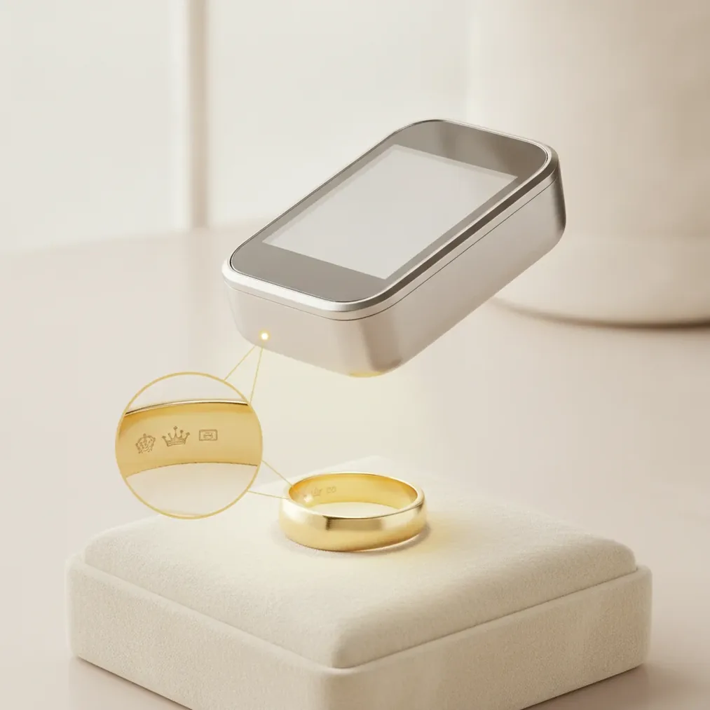 Jewelry value checker scanning a gold ring and its hallmark
