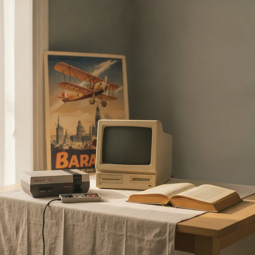 Valuable household collectibles including an old computer, first-edition book, game console and vintage advertising poster