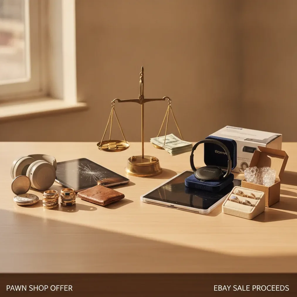 Table comparing pawn shop offers with eBay sale proceeds for electronics and jewelry