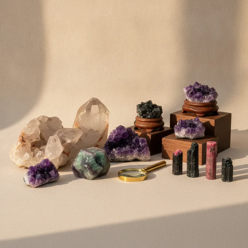 Quartz, amethyst, fluorite, and tourmaline specimens arranged for value comparison