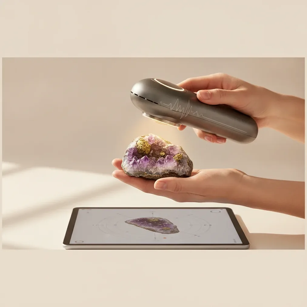 Rock and crystal value checker analyzing a photographed mineral specimen