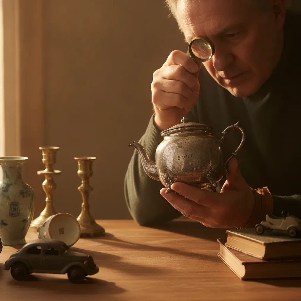 Collector checking marks and date clues on old household items
