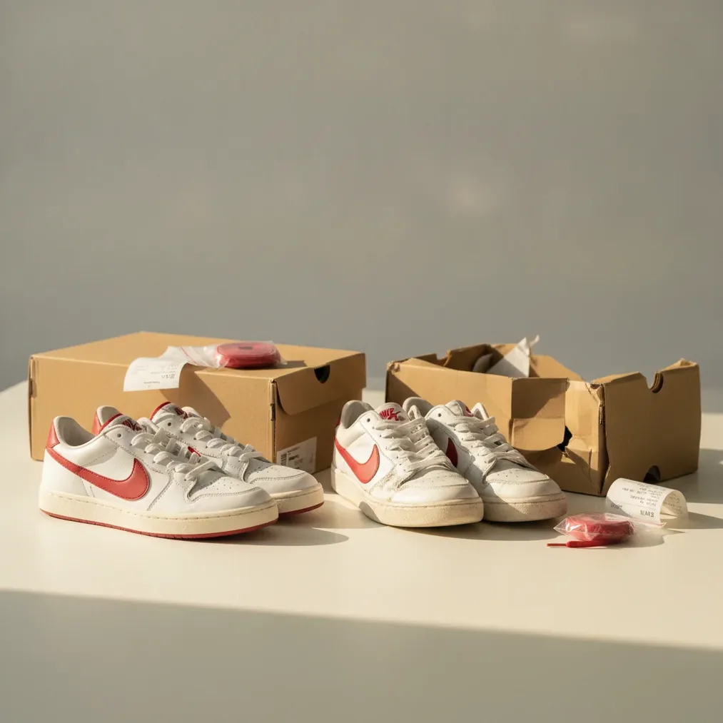 Deadstock and worn sneakers compared with original box, receipt and extra laces
