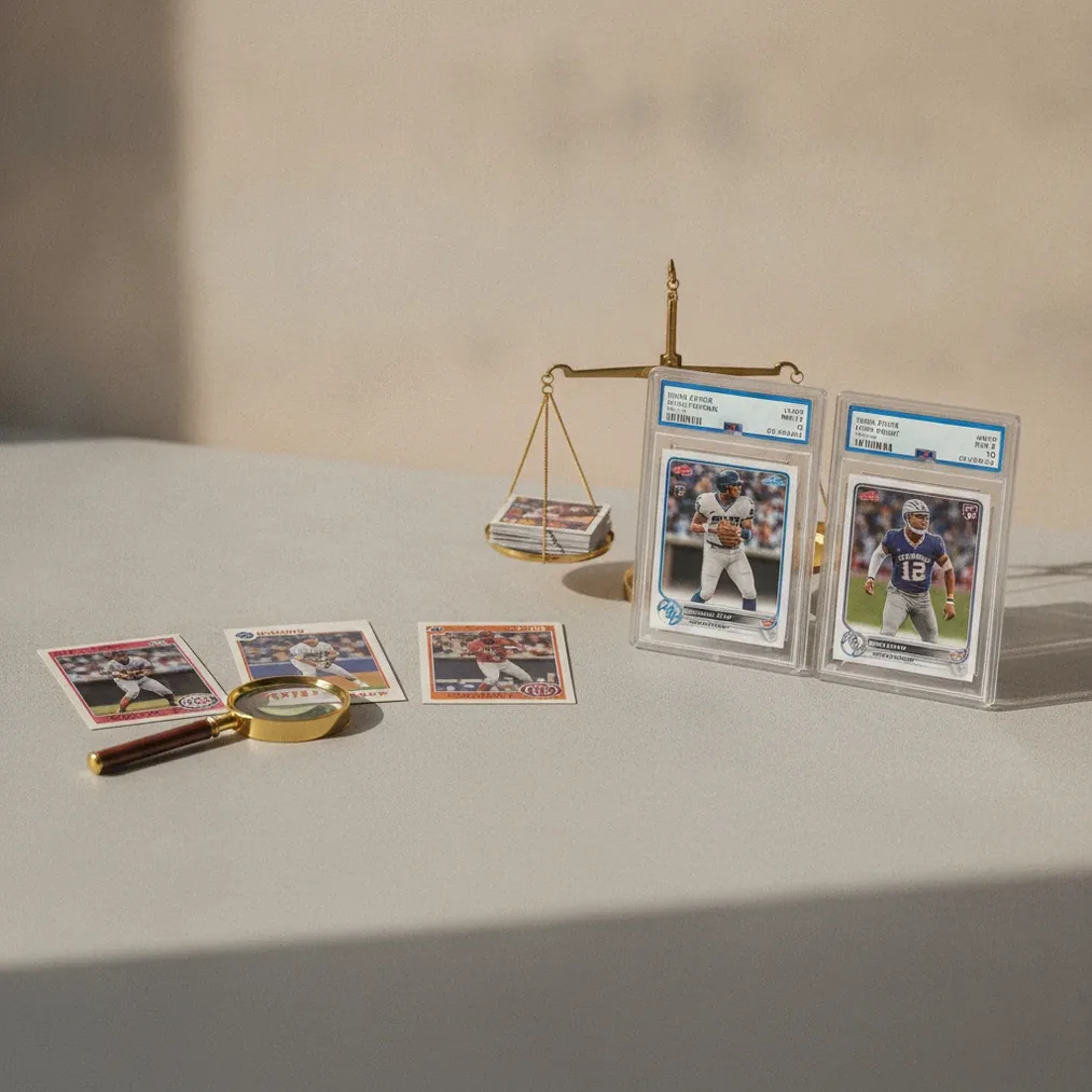 Raw sports cards and PSA graded card compared by condition and value