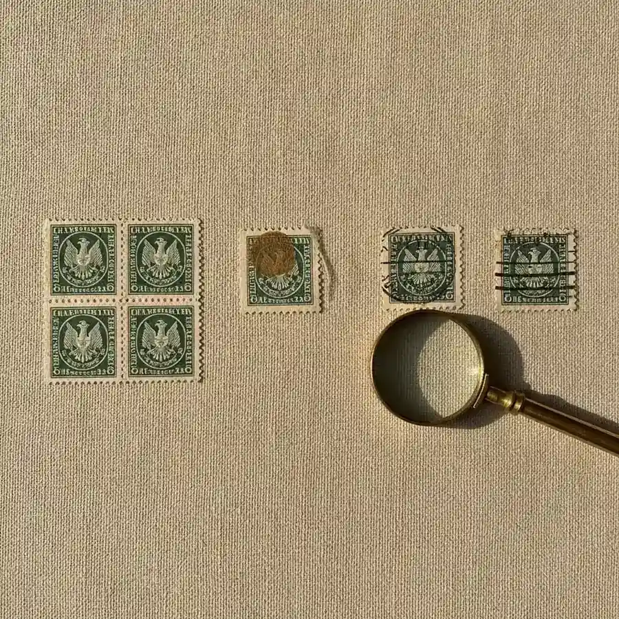 Comparison of mint never hinged, hinged and used stamp condition