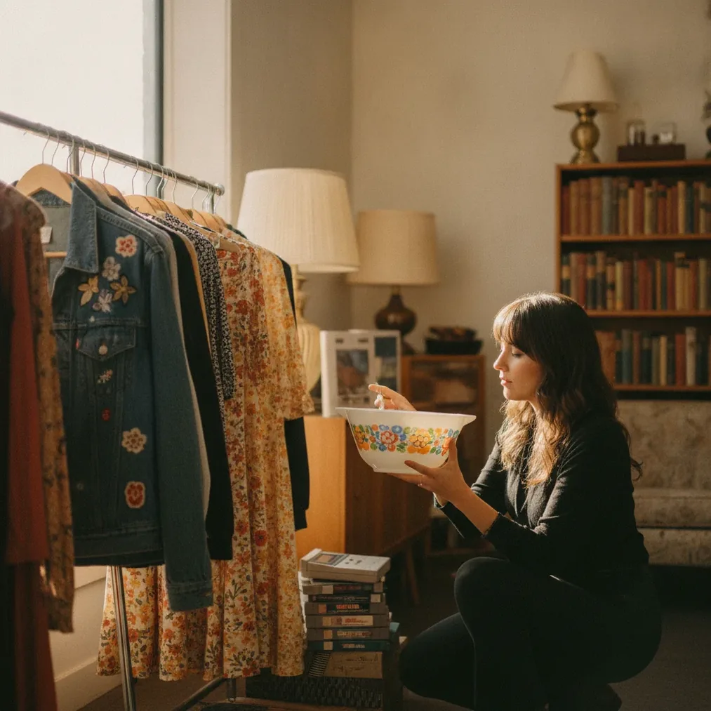 Reseller inspecting vintage clothing, Pyrex and retro games at a thrift store