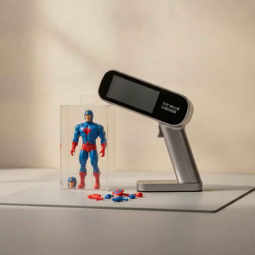 Toy value checker scanning a boxed vintage action figure and loose accessories