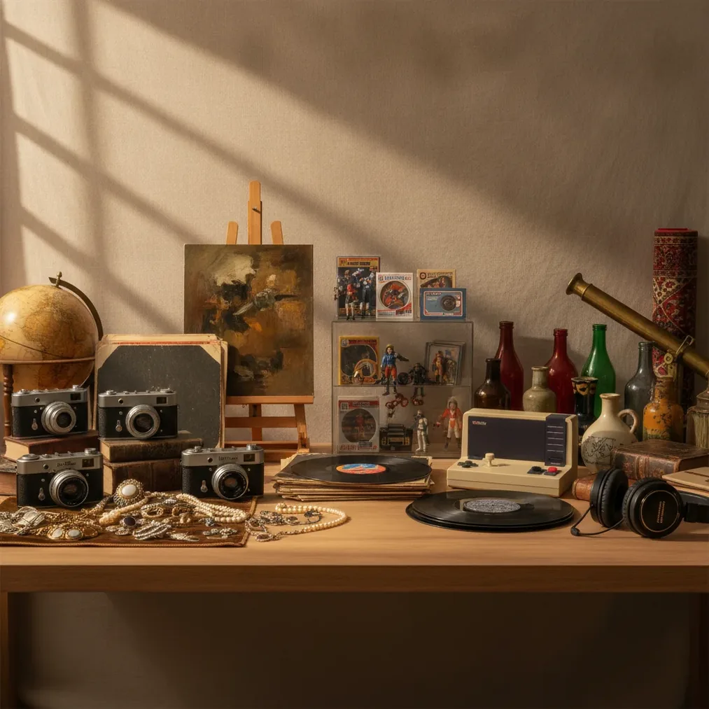 Sorted attic items including art, jewelry, electronics, collectibles, and vintage household goods
