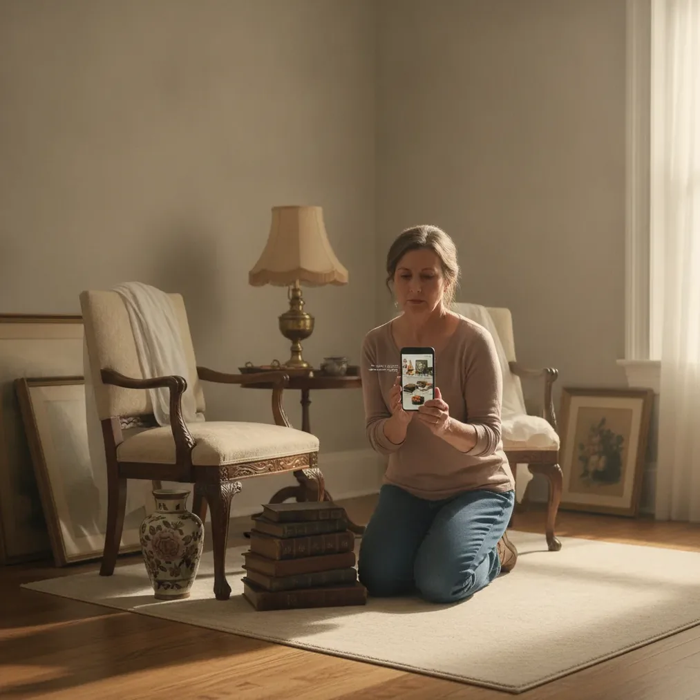 Homeowner using a phone to value furniture and household items during an estate cleanout