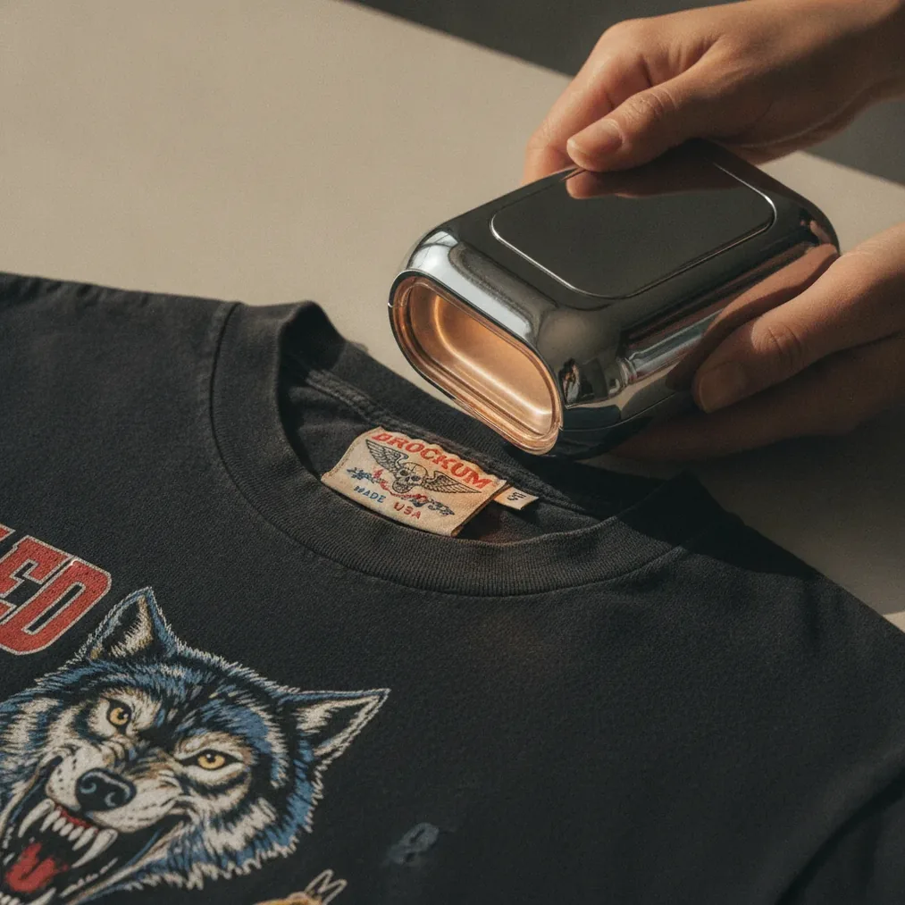 Vintage clothing value checker scanning a single-stitch band T-shirt and label