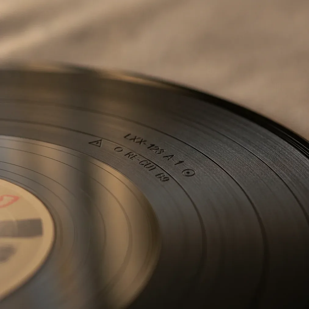 Close-up of vinyl matrix numbers etched in the runout groove