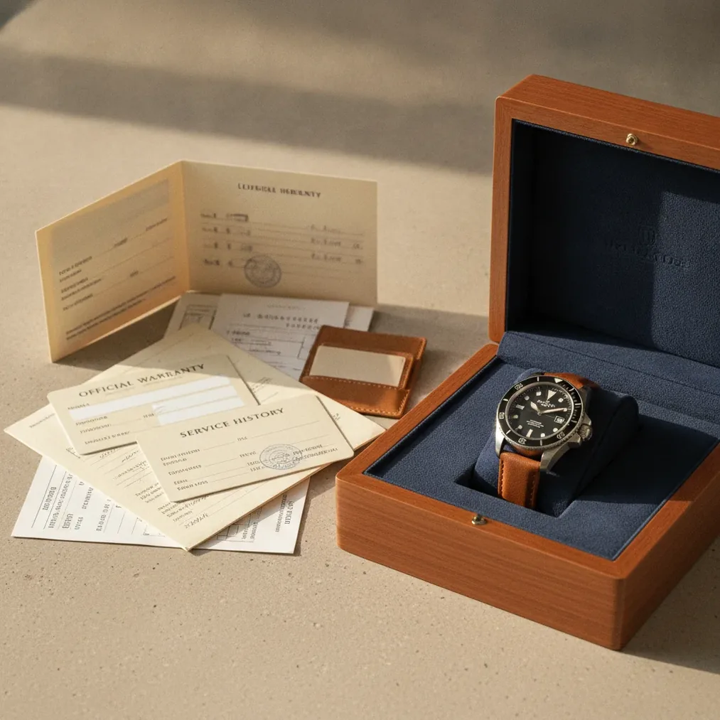 Pre-owned watch with original box, warranty papers and documented service history