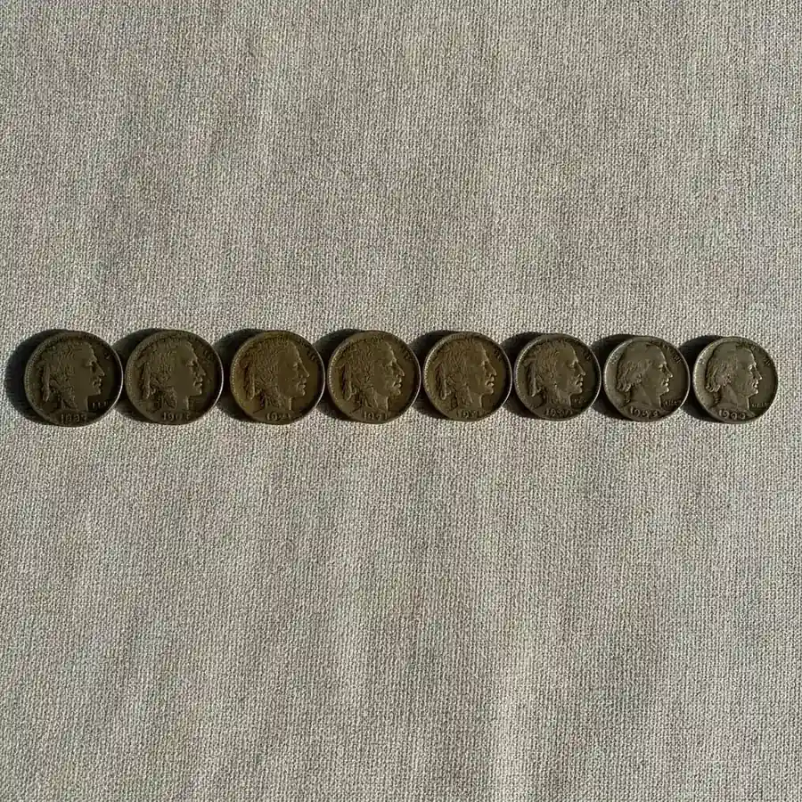 Valuable Liberty Head, Buffalo and Jefferson nickels arranged by date