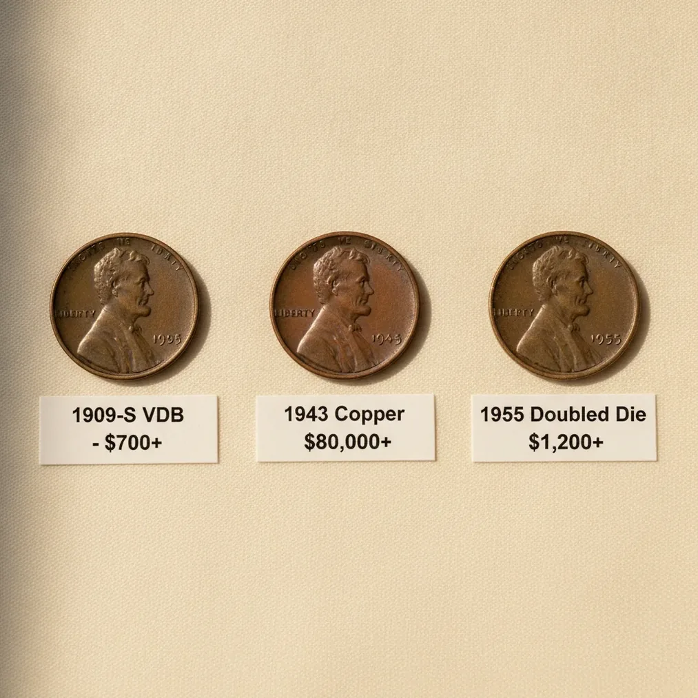 1909-S VDB, 1943 copper, and 1955 doubled die valuable pennies beside date and value labels