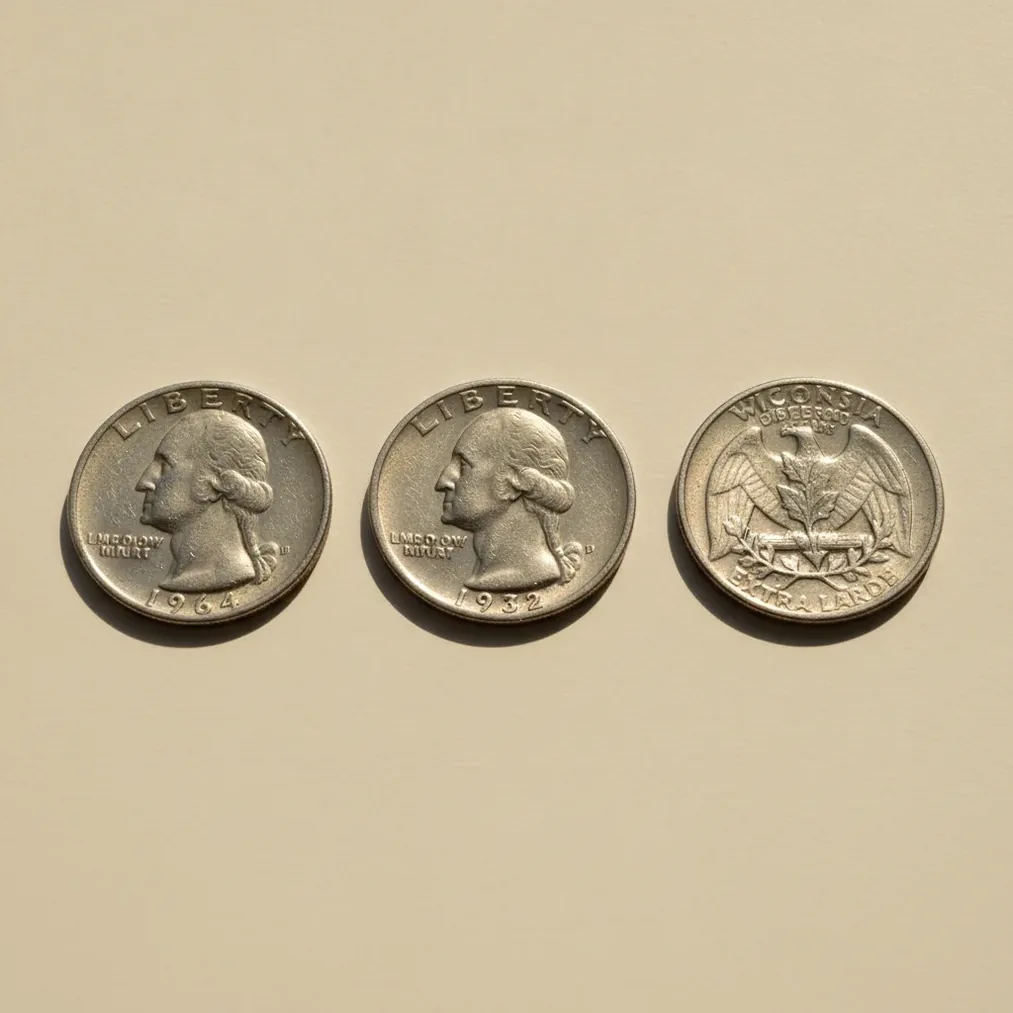 Valuable quarters showing a pre-1965 silver Washington quarter, key date and State quarter error